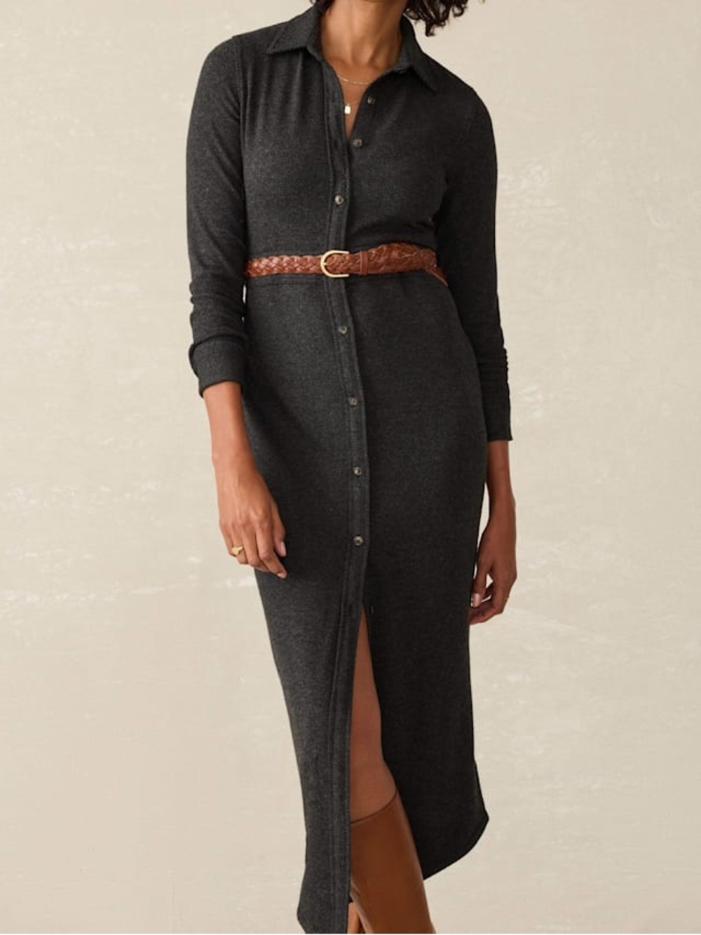 Faherty Legend Button Up Midi Shirt Dress Gray Heather Twill Minimalist Size XL